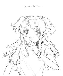 1girl :d aikatsu!_(series) aikatsu_friends! bad_id bad_twitter_id copyright_name greyscale hand_up harukaze_wakaba highres long_hair looking_at_viewer monochrome open_mouth shirt short_sleeves simple_background smile solo suiso_(owp) sweat translation_request two_side_up upper_body white_background