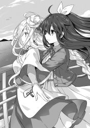 Rule 34 | 2girls, ahoge, bow, braid, braided ponytail, closed mouth, date a live, day, dress, floating hair, from side, greyscale, hair between eyes, hair bow, highres, hug, hug from behind, jacket, long dress, long hair, looking afar, monochrome, multiple girls, novel illustration, official art, open clothes, open jacket, outdoors, outstretched arm, ponytail, profile, side ponytail, smile, tsunako, very long hair, wing collar, yatogami tooka