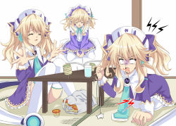 Rule 34 | 3girls, angry, bad id, bad pixiv id, blank eyes, blonde hair, blood, blood from mouth, blush, book, cup, drinking glass, food, fujishima tsubasa, hair ornament, hat, highres, histoire, long hair, multiple girls, multiple persona, neptune (series), open mouth, pudding, shaded face, smile, tea, tears, twintails, water, white eyes, wings