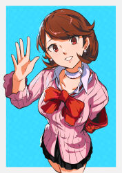 Rule 34 | :d, absurdres, armband, black skirt, bow, brown hair, cardigan, choker, collarbone, collared shirt, earrings, gekkoukan high school uniform, grin, highres, jewelry, looking at viewer, miniskirt, open mouth, pearl earrings, pekeponn, persona, persona 3, pink cardigan, pleated skirt, red bow, red eyes, s.e.e.s, school uniform, shirt, short hair, skirt, smile, solo, takeba yukari, two-tone background, waving