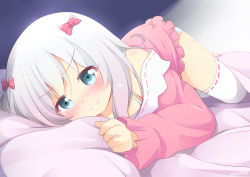 Rule 34 | 1girl, aqua eyes, bare shoulders, bed sheet, blue panties, blush, bow, bra strap, closed mouth, commentary, dress, eromanga sensei, hair bow, highres, ikazu401, izumi sagiri, long hair, long sleeves, looking at viewer, lying, on bed, on stomach, panties, pink bow, pink dress, solo, thighhighs, underwear, white thighhighs