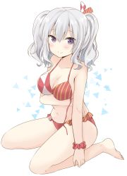 Rule 34 | 10s, 1girl, bikini, blush, breast hold, breasts, cleavage, collarbone, commentary request, frilled bikini, frills, full body, hat, highres, kantai collection, kashima (kancolle), long hair, looking at viewer, medium breasts, purple eyes, scrunchie, silver hair, sitting, smile, solo, swimsuit, toes, twintails, wariza, wrist scrunchie, yoshikita popuri