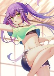 Rule 34 | 1girl, absurdres, anichika, black shorts, black sports bra, blush, breasts, eyebrows hidden by hair, green eyes, green shirt, hair ornament, hairclip, highres, hololive, leg up, long hair, looking at viewer, midriff, navel, open mouth, outstretched arm, purple hair, shirt, shorts, small breasts, solo, sports bra, standing, standing on one leg, thighs, tokoyami towa, twintails, upshirt, virtual youtuber