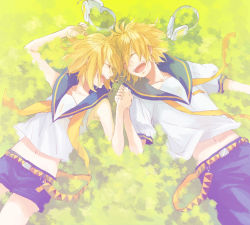 Rule 34 | 1boy, 1girl, bad id, bad pixiv id, blonde hair, brother and sister, from above, holding hands, headphones, hetero, highres, kagamine len, kagamine rin, kunieda (miniaturegarden), lying, navel, on back, open mouth, short hair, shorts, siblings, smile, twins, vocaloid