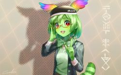 Rule 34 | 10s, 1girl, :d, adjusting eyewear, alternate costume, animal ears, bespectacled, bow, bowtie, cellval, colored skin, commentary request, cuneiform, extra ears, glasses, green hair, green skin, hand on eyewear, hat, index finger raised, kemono friends, open mouth, red-framed eyewear, red eyes, serval tail, short hair, smile, solo, tail, welt (kinsei koutenkyoku)