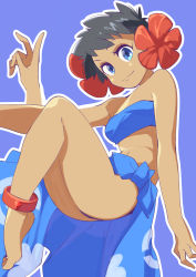 Rule 34 | 1girl, 34 (sanjushi), ass, bandeau, bare shoulders, barefoot, black hair, blue eyes, blue sarong, breasts, closed mouth, creatures (company), dark-skinned female, dark skin, flower, game freak, hair flower, hair ornament, highres, jewelry, looking at viewer, nintendo, phoebe (pokemon), pokemon, pokemon rse, print sarong, sarong, short hair, simple background, smile, solo, strapless