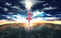 Rule 34 | 1girl, arm at side, backlighting, blue sky, bow, brush stroke, bubble skirt, cloud, cloudy sky, dark sky, facing away, fisheye, from behind, horizon, impressionism, kaname madoka, knees together feet apart, lens flare, light, light particles, light rays, mahou shoujo madoka magica, outdoors, outstretched arm, pink bow, pink hair, puffy short sleeves, puffy sleeves, red footwear, short sleeves, short twintails, skirt, sky, socks, solo, sunlight, sunset, twintails, waist bow, watanuki uchiha, white skirt, white socks, wide shot, yellow sky