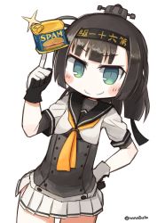 Rule 34 | &gt;:), 10s, 1girl, akizuki (kancolle), balancing, black hair, blush, can, canned food, cowboy shot, female focus, gloves, green eyes, hachimaki, hair ornament, hand on own hip, headband, kantai collection, looking at viewer, microskirt, nanatsuta, neckerchief, sailor collar, simple background, skirt, solo, spam (food), twitter username, v-shaped eyebrows, white background