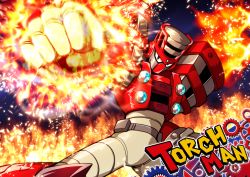 Rule 34 | 1boy, black eyes, capcom, character name, clenched hand, fire, flaming hand, gears, helmet, highres, incoming attack, incoming punch, male focus, mega man (classic), mega man (series), mega man 11, nomayo, punching, incoming punch, robot, solo, torch man