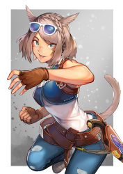 Rule 34 | 1girl, animal ears, warrior of light (ff14), belt, braid, cat ears, cat tail, clenched hand, commission, denim, eyewear on head, facial mark, final fantasy, final fantasy xiv, fingerless gloves, gloves, green eyes, grey hair, gun, hinoru saikusa, holstered, jeans, looking at viewer, miqo&#039;te, open mouth, pants, parted bangs, scar, scar on face, scar on nose, short hair, skeb commission, sleeveless, slit pupils, solo, sunglasses, tail, weapon, whisker markings