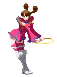 Rule 34 | 1girl, ass, breasts, brown hair, capcom, green eyes, hip attack, jewelry, june lin milliam, lowres, medium breasts, namco, namco x capcom, one eye closed, open mouth, ring, simple background, smile, solo, star gladiator, thighhighs, wink