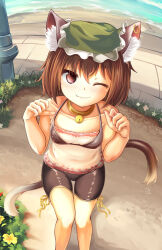 Rule 34 | 1girl, ;), adworse, alternate costume, animal ear fluff, animal ears, bare shoulders, bell, bike shorts, breasts, brown eyes, brown hair, cat ears, cat tail, chen, closed mouth, collar, collarbone, commentary request, earrings, fang, fang out, feet out of frame, fisheye, flower, from above, hands up, horizon, jewelry, jingle bell, knees together feet apart, looking at viewer, multiple tails, nekomata, one eye closed, outdoors, paw pose, petite, short hair, single earring, small breasts, smile, solo, tail, thigh gap, touhou, two tails, yellow flower