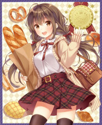 Rule 34 | 1girl, :d, ahoge, anpan, argyle, argyle background, argyle clothes, bag, baguette, belt, black thighhighs, blouse, blush, border, bread, breasts, brown eyes, brown hair, brown ribbon, cardigan, collar, cowboy shot, croissant, crown, floating hair, food, frilled collar, frills, hair ribbon, hand up, higeneko, highres, holding, holding bag, holding food, long hair, looking at viewer, low twintails, md5 mismatch, medium breasts, melon bread, open cardigan, open clothes, open mouth, original, plaid, plaid skirt, pleated skirt, pretzel, purple border, red skirt, resolution mismatch, ribbon, satchel, shirt, skirt, sleeves past wrists, smile, solo, source larger, teeth, thighhighs, thighs, twintails, waving, white shirt, zettai ryouiki