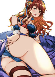 Rule 34 | 10s, 1girl, adjusting clothes, adjusting swimsuit, akai kagerou, ass, beatrix (granblue fantasy), bikini, blue bikini, blush, breasts, brown hair, cameltoe, from behind, granblue fantasy, green eyes, large breasts, lips, long hair, looking at viewer, looking back, lying, on side, open mouth, skindentation, solo, swimsuit, thigh strap, thighs, wavy mouth, wrist cuffs