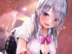 Rule 34 | 1girl, absurdres, black bra, black skirt, blue eyes, blush, bow, bowtie, bra, breasts, cleavage, collarbone, collared shirt, desk, grey hair, hair ornament, heart, heart hair ornament, highres, indoors, lamp, large breasts, lens flare, long hair, looking at viewer, mole, mole on breast, monitor, non-web source, open clothes, open shirt, original, plaid, plaid skirt, pleated skirt, purple bow, purple bowtie, rouka (akatyann), school uniform, shirt, short sleeves, sidelocks, skirt, smile, underwear, upper body, wavy mouth, white shirt