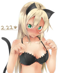 Rule 34 | 1girl, amai nekuta, animal ears, black bra, blonde hair, blush, bra, breasts, cat day, cat ears, cat tail, dated, green eyes, heinrike prinzessin zu sayn-wittgenstein, long hair, looking at viewer, noble witches, solo, strike witches, tail, underwear, world witches series