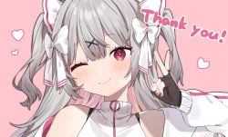 Rule 34 | 1girl, bare shoulders, blush, bow, closed mouth, commission, eyelashes, fang, fang out, fingerless gloves, fingernails, gloves, grey hair, hair between eyes, hair ornament, heart, highres, inuyayo, long fingernails, long hair, looking at viewer, multicolored hair, nail polish, o-ring, original, outer glow, pink background, pink hair, purple eyes, purple nails, simple background, skeb commission, smile, solo, thank you, twintails, two-tone hair, v, very long fingernails, white bow, x hair ornament, zipper, zipper pull tab