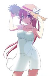 Rule 34 | 10s, 1girl, a1 (orii eichi), bad id, bad pixiv id, bare shoulders, blush, dress, free!, hands on headwear, hat, long hair, matsuoka gou, oriieichi, ponytail, red eyes, red hair, see-through silhouette, simple background, solo, sun hat, sundress, white background, white dress