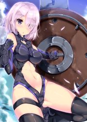 Rule 34 | armor, armored dress, ass, bare shoulders, black thighhighs, breasts, clothing cutout, detached sleeves, elbow gloves, eyes visible through hair, fate/grand order, fate (series), fukuda shuushi, gauntlets, gloves, gluteal fold, hair over one eye, highres, large breasts, mash kyrielight, navel, navel cutout, purple eyes, purple gloves, purple hair, shield, short hair, solo, thighhighs, thighs