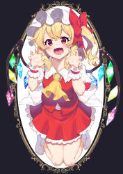 Rule 34 | 1girl, absurdres, ascot, blonde hair, blush, bow, breasts, crystal, fang, fangs, flandre scarlet, frilled shirt, frilled shirt collar, frilled skirt, frilled sleeves, frills, full body, hair between eyes, hat, hat bow, hat ribbon, highres, joker (tomakin524), laevatein, looking at viewer, medium hair, mob cap, open mouth, paw pose, puffy short sleeves, puffy sleeves, red bow, red eyes, red ribbon, red skirt, red vest, ribbon, shirt, short hair, short sleeves, side ponytail, skirt, small breasts, socks, solo, tongue, touhou, vest, white shirt, white socks, wings, yellow ascot