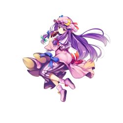 Rule 34 | 1girl, ass, blue bow, book, bow, closed mouth, crescent, crescent pin, dress, full body, game cg, hair bow, hat, highres, holding, holding book, long hair, looking at viewer, mob cap, patchouli knowledge, pink dress, pink footwear, pink hat, purple eyes, purple hair, red bow, rotte (1109), sidelocks, solo, third-party source, touhou, touhou lostword