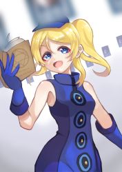 Rule 34 | 1girl, absurdres, alternate costume, artist name, artist request, ayase eli, bare shoulders, blonde hair, blue dress, blue eyes, blue gloves, blue hat, blue skirt, blush, book, breasts, buttons, card, cosplay, crossover, dress, elizabeth (persona), elizabeth (persona) (cosplay), female focus, floating, floating object, gloves, hair between eyes, hat, high ponytail, highres, holding, holding book, long hair, looking at viewer, love live!, love live! school idol project, miniskirt, parted lips, peaked cap, persona, persona 3, plaid, plaid dress, plaid skirt, pleated, pleated dress, pleated skirt, ponytail, short hair, sideboob, skirt, sleeveless, sleeveless dress, small breasts, smile, solo