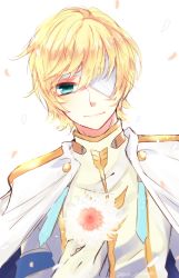 Rule 34 | 1boy, artist name, asora w asfj, bad id, bad pixiv id, bandages, bandage over one eye, blonde hair, capelet, eyepatch, flower, gloves, green eyes, highres, male focus, oscar dragonia, oscar dragonia (tales), petals, portrait, signature, simple background, solo, tales of (series), tales of berseria, twitter username, white background