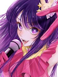 Rule 34 | 1girl, brooch, commentary, dress, gloves, hair between eyes, hair ornament, hand up, heart, heart brooch, highres, holding, holding microphone, hoshino ai (oshi no ko), idol, idol clothes, jewelry, long hair, microphone, open mouth, oshi no ko, pink dress, pink gloves, purple eyes, purple hair, rabbit hair ornament, shadow, solo, star-shaped pupils, star (symbol), star hair ornament, symbol-shaped pupils, teeth, tsukishiro yunatsu, upper teeth only