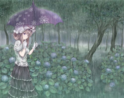 Rule 34 | 1girl, female focus, flower, gloves, hat, hydrangea, mob cap, nature, oumi (rsag), rain, ryomo, solo, touhou, tree, umbrella, white hat, yakumo yukari