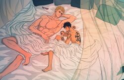 Rule 34 | 2boys, abs, aftersex, arm tattoo, back tattoo, bed, bed sheet, black hair, blonde hair, closed eyes, closed mouth, donquixote doflamingo, facial hair, feet, goatee, hand tattoo, height difference, highres, indoors, looking at another, lying, male focus, multiple boys, muscular, naked sheet, nipples, no eyewear, nude, one piece, pectorals, pillow, shiichan thea, short hair, shoulder tattoo, size difference, sleeping, smile, tattoo, trafalgar law, yaoi