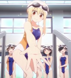 Rule 34 | 10s, 4girls, 4th wall break, from below, helping hand, highres, himouto! umaru-chan, looking at viewer, multiple girls, screencap, stitched, swimsuit, third-party edit