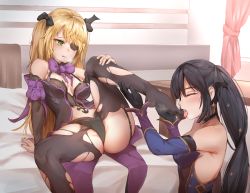 Rule 34 | 2girls, artist request, bad id, bad pixiv id, bed, black gloves, black hair, black pantyhose, black ribbon, black thighhighs, blonde hair, blush, bodystocking, bodysuit, bow, closed eyes, commentary, eyepatch, feet, fischl (genshin impact), fishnet bodysuit, fishnets, foot worship, genshin impact, gloves, green eyes, hair over one eye, highres, holding another&#039;s foot, huge filesize, korean commentary, leotard, licking, licking foot, long hair, mona (genshin impact), multiple girls, panties, pantyhose, pharamacom, purple bow, purple leotard, purple neckwear, ribbon, ribbon hair, sitting, smell, thighhighs, toes, torn clothes, torn legwear, underwear, yuri