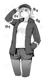 Rule 34 | 1girl, arm up, baseball cap, blush, breasts, breath, cropped legs, ebisumaru (ebisumaru3), greyscale, hand in pocket, hat, highres, hood, hooded jacket, jacket, looking up, medium breasts, monochrome, open clothes, open jacket, original, pantyhose, pantyhose under shorts, parted lips, ponytail, shirt, shorts, sidelocks, simple background, solo, sweat
