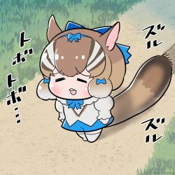 Rule 34 | 1girl, animal ears, bow, bowtie, brown hair, chipmunk ears, chipmunk girl, chipmunk tail, closed eyes, deon (jetaime), extra ears, full body, highres, kemono friends, kemono friends v project, kneehighs, open mouth, ribbon, scarf, shirt, short hair, shorts, siberian chipmunk (kemono friends), socks, solo, tail, vest, virtual youtuber