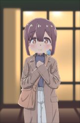Rule 34 | 1girl, bag, black shirt, blue hair, blunt bangs, brown coat, brown eyes, brown hair, chinese commentary, coat, commentary request, hair between eyes, hands on own chest, highres, hozuki momiji, light blush, long sleeves, looking at viewer, multicolored hair, onii-chan wa oshimai!, open clothes, open coat, pants, partial commentary, sfm zhang, shirt, short hair, short ponytail, shoulder bag, smile, solo, two-tone hair, white pants