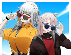 Rule 34 | 2girls, adjusting eyewear, artist name, belt, black nails, blue sky, braid, braided ponytail, breasts, brown jacket, casual, closed mouth, commentary, darkpulsegg, english commentary, eyepatch, girls&#039; frontline, grey hair, hand on eyewear, jacket, licking lips, lips, long hair, looking at viewer, m16a1 (boss) (girls&#039; frontline), m16a1 (girls&#039; frontline), m200 (girls&#039; frontline), medium breasts, mouth hold, multiple girls, nail polish, open clothes, open jacket, open mouth, parted lips, purple eyes, red nails, red shirt, shirt, simple background, sky, small breasts, smile, sunglasses, teeth hold, tongue, tongue out, turtleneck, upper body, yellow eyes, yellow shirt