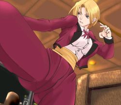 Rule 34 | 1girl, androgynous, blonde hair, blue eyes, bow, bowtie, formal, king (snk), mokusa, pant suit, pants, reverse trap, ryuuko no ken, short hair, snk, solo, suit, the king of fighters, tuxedo