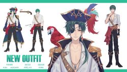 Rule 34 | 1boy, 3di project, amel3di, bird, boots, character sheet, closed mouth, collarbone, collared shirt, earrings, eyepatch, feather earrings, feathers, full body, green hair, gun, hat, highres, jewelry, jortun leventor, long sleeves, male focus, parrot, pirate, pirate costume, pirate hat, shirt, short hair, virtual youtuber, weapon