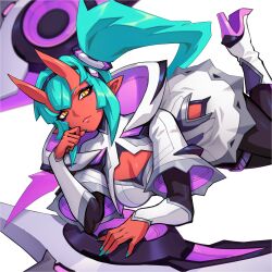 Rule 34 | 1girl, artist request, black pants, boots, breasts, cleavage, colored skin, demon girl, demon horns, dress, expressionless, green hair, hand on own face, high heels, highres, horns, long hair, long sleeves, looking at viewer, lying, medium breasts, non-web source, octavia (omega strikers), official art, omega strikers, on stomach, pants, red skin, solo, the pose, white dress, yellow eyes