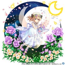 Rule 34 | 1girl, alternate costume, basket, blonde hair, camellia, copyright name, copyright notice, crescent moon, dress, drill hair, drill sidelocks, fairy wings, flower, full body, full moon, game cg, holding, holding basket, looking at viewer, luna child, luna child (white moon fairy), moon, night, night sky, petals, purple flower, purple rose, rose, rotte (1109), short hair, sidelocks, sky, sleeveless, sleeveless dress, solo, star (sky), starry sky, third-party source, touhou, touhou lostword, white dress, white flower, white headwear, wings, yellow eyes