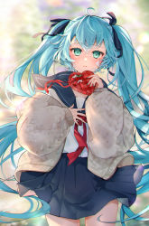 Rule 34 | 1girl, ahoge, black bow, black sailor collar, black skirt, blue hair, blurry, blurry background, bow, box, brown jacket, commentary request, cowboy shot, depth of field, gift, gift box, green eyes, hair between eyes, hair bow, hatsune miku, heart-shaped box, highres, holding, holding gift, jacket, kyashii (a3yu9mi), long hair, long sleeves, looking at viewer, open clothes, open jacket, parted lips, plaid, pleated skirt, puffy long sleeves, puffy sleeves, red bow, sailor collar, school uniform, serafuku, shirt, skirt, sleeves past wrists, solo, twintails, very long hair, vocaloid, white shirt
