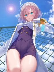 Rule 34 | 1girl, blue eyes, blue sky, blush, breasts, brown hair, chain-link fence, cloud, commentary request, contrapposto, corset, cowboy shot, day, fence, from below, frown, gloves, grey background, gridman universe, hand on own hip, highres, jacket, long sleeves, looking at viewer, medium breasts, military jacket, mujina, necktie, open clothes, open jacket, outdoors, parted lips, purple corset, purple shorts, ringobatake, shiny skin, shirt, short hair, short necktie, shorts, skindentation, sky, solo, ssss.dynazenon, standing, thigh gap, thighs, underbust, white gloves, white jacket, white shirt