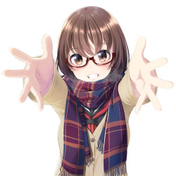 Rule 34 | 1girl, :d, breath, brown eyes, brown hair, enpera, glasses, grin, highres, jacket, long sleeves, looking at viewer, nekobaka, open mouth, original, outstretched arms, reaching, reaching towards viewer, scarf, simple background, smile, solo, uniform, upper body, white background, yellow jacket