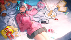 Rule 34 | 1girl, absurdres, animal ear headphones, animal ears, bag of chips, bed, bed sheet, black choker, blush, bow, brand name imitation, candy, cat ear headphones, cat ears, cellphone, chips (food), choker, closed eyes, commentary request, cookie, fake animal ears, food, grey hair, grey skirt, hair ornament, hairclip, hand on own stomach, headphones, headset, highres, hood, hoodie, illian-san, indie virtual youtuber, indoors, lay&#039;s (potato chips), lollipop, long hair, lying, meridian project, microphone, mizuki (vtuber), on back, on bed, phone, pillow, pink hoodie, plate, pleated skirt, pocky, potato chips, red bow, skirt, sleeping, smartphone, solo, stuffed animal, stuffed toy, teddy bear, virtual youtuber