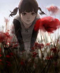 Rule 34 | 1girl, brown hair, duplicate, field, flower, flower field, looking at viewer, mujiha, original, outdoors, parted lips, pov, solo, twintails