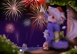 Rule 34 | 1girl, animal ears, blush, breasts, hat, highres, in tree, inubashiri momiji, japanese clothes, kimono, looking at viewer, looking back, mouth hold, nature, night, night sky, notya, pointing, pointing up, red eyes, silver hair, sitting, sitting in tree, sky, solo, sparkle, star (sky), star (symbol), starry sky, sweatdrop, tail, tokin hat, touhou, tree, wolf ears, wolf tail, aged down