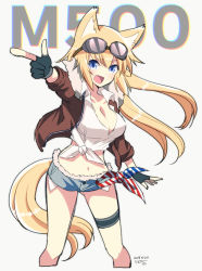 Rule 34 | 1girl, animal ears, blonde hair, blue eyes, breasts, cat ears, cleavage, denim, denim shorts, fang, finger gun, fingerless gloves, girls&#039; frontline, gloves, goggles, goggles on head, hiroichi, jacket, large breasts, long hair, looking at viewer, m500 (girls&#039; frontline), open mouth, pointing, shirt, shorts, solo, standing, t-shirt, tail, tied shirt