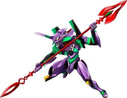 Rule 34 | chibi, eva 01, from side, heyzan, highres, holding, holding polearm, holding spear, holding weapon, horns, mecha, neon genesis evangelion, no humans, polearm, rebuild of evangelion, robot, science fiction, single horn, solo, spear, weapon, white background, yellow eyes