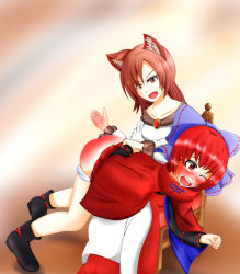 Rule 34 | 2girls, animal ears, aospanking, ass, blush, bow, brown eyes, brown hair, chair, clothes lift, hair bow, hands together, imaizumi kagerou, jewelry, multiple girls, on lap, one eye closed, panties, panty pull, red eyes, red hair, sekibanki, sitting, skirt, skirt lift, spanked, spanking, tears, touhou, underwear