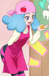 Rule 34 | 10s, 1girl, :d, apron, arm behind back, bandana, blue eyes, blue hair, coffret (heartcatch precure!), happinesscharge precure!, haruyama kazunori, heartcatch precure!, hosshiwa, leaning forward, matching hair/eyes, open mouth, pantyhose, precure, short hair, smile, solo, striped clothes, striped pantyhose
